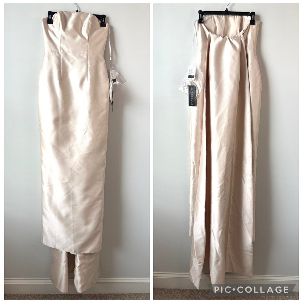 Alfred Sung D876 Strapless Gown Removable Watteau Train Champagne 0 - Picture 2 of 8